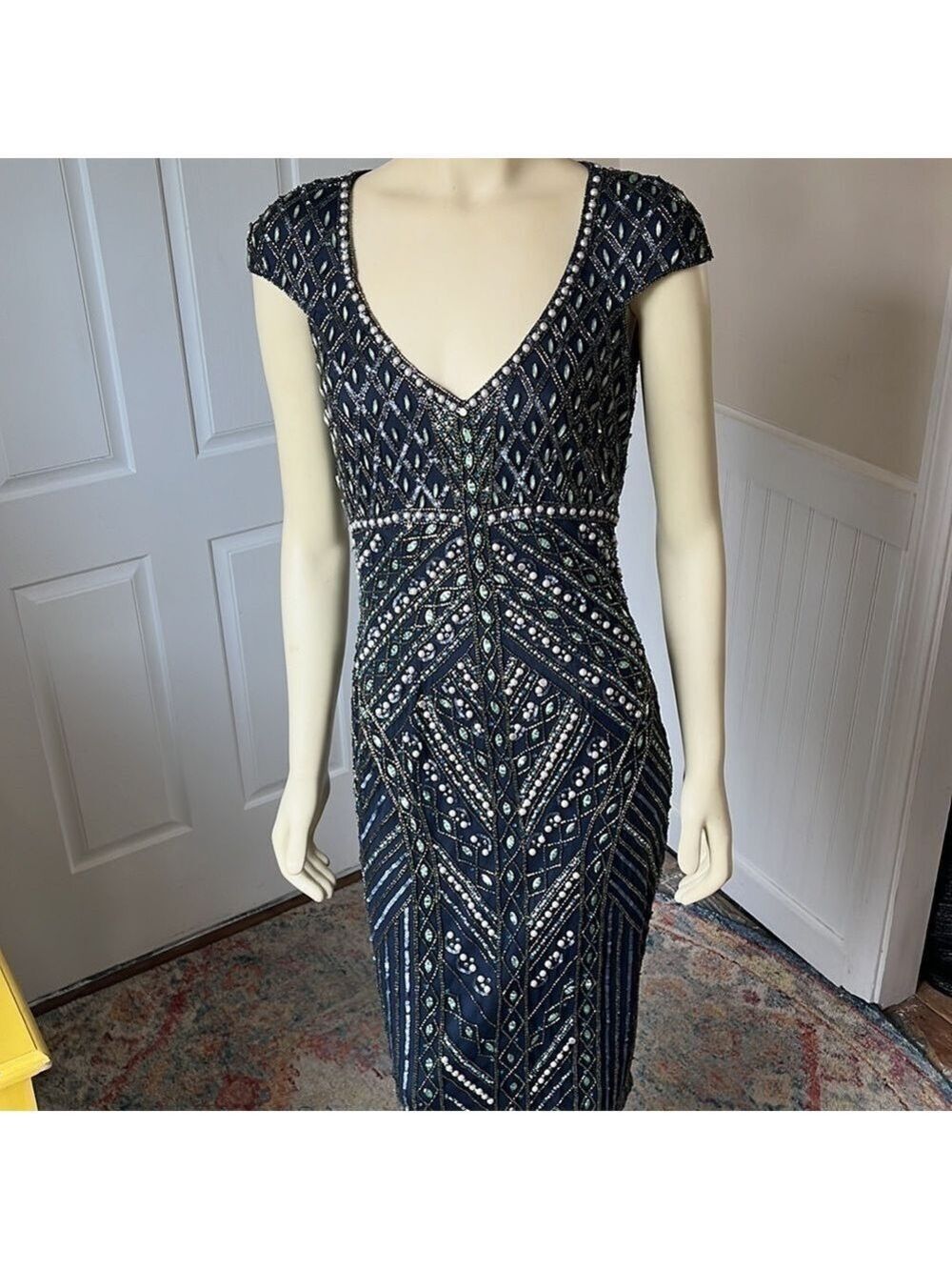 THEIA Womens Navy w Teal & White Pearl Beads Sequined Sheath Cocktail Dress 2